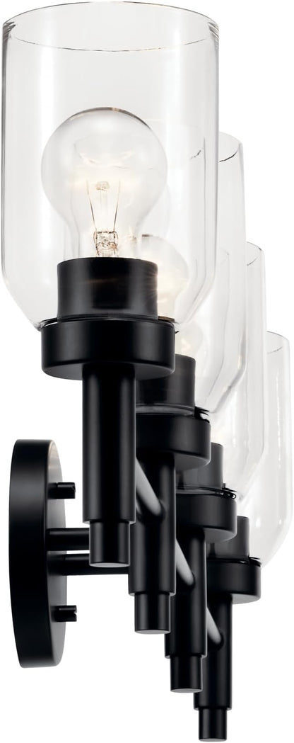Kichler Madden 4-Light Vanity with Clear Glass in Black, Sloped Ceiling Compatible, for Single or Double Vanity in Bathroom (10.5" x 34"), 55186BK