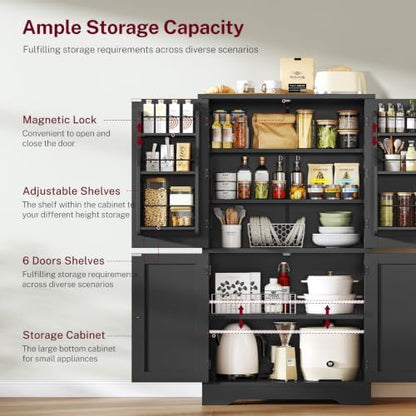 Pantry Cabinet with 4 Doors, Kitchen Storage Cabinet with Door Shelves,