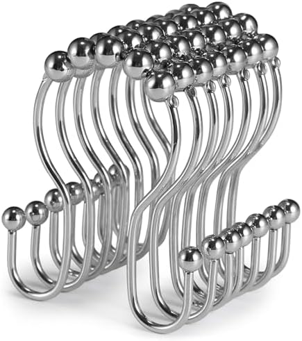 Goowin Shower Curtain Hooks, 12 Pcs Shower Curtain Rings, Stainless Steel Shower Curtain Hangers, Double Hook Shower Curtain Hooks, Smooth Sliding Anti-Drop Shower Rings for Curtain (Chrome)