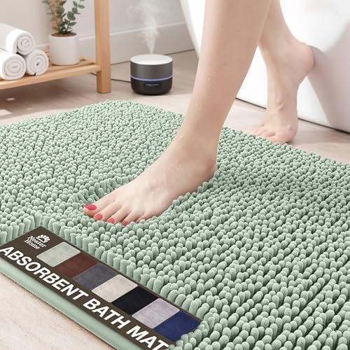 Neater Home Plush Bathroom Rugs 24x17 Thick Chenille Quick Dry Microfiber Absorbent Bath Mat, Soft Bath Rugs, Machine Washable Bathroom Floor Mat for Tub Shower Sink, Home Decor Accessories, Green