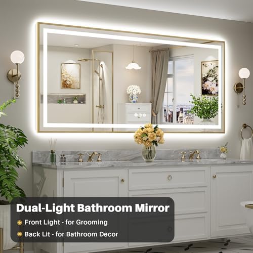84x40 Inch LED Bathroom Mirror with Gold Frame, Backlit & Front Lit