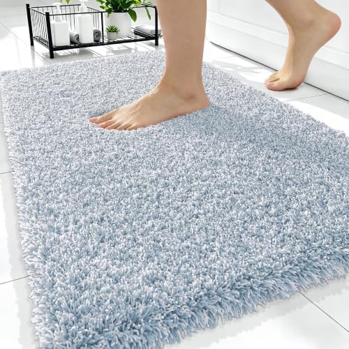 OLANLY Microfiber Bathroom Rugs 34x21, Quick Dry Mat, Airy Blue and White