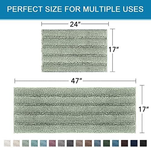 H.VERSAILTEX Bathroom Rugs Bath Mats Sets Super Absorbent Chenille Striped Bath Mats Non Skid Machine Wash Dry Rugs for Bathroom Floor Set of 2(Sage, 47 x 17 Plus 17 x 24 - Inches)