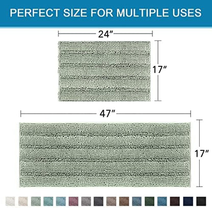 H.VERSAILTEX Bathroom Rugs Bath Mats Sets Super Absorbent Chenille Striped Bath Mats Non Skid Machine Wash Dry Rugs for Bathroom Floor Set of 2(Sage, 47 x 17 Plus 17 x 24 - Inches)
