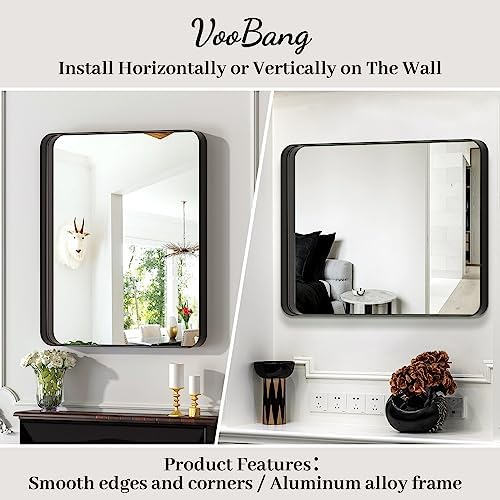 VooBang Bathroom Mirror 24x36 inch, Black Gorgeous Deep Frame Wall Mirror, Modern Round Corner Bathroom Vanity Mirror for Bedroom, Living Room, Hanging or Leaning Horizontal or Vertical, Black