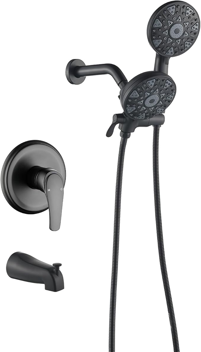 Tub and Shower Faucet Set Complete Dual Shower Head and Handheld 2 in 1 Combo Set Shower System with Tub Spout Tub and Shower Trim Kit Matte Black