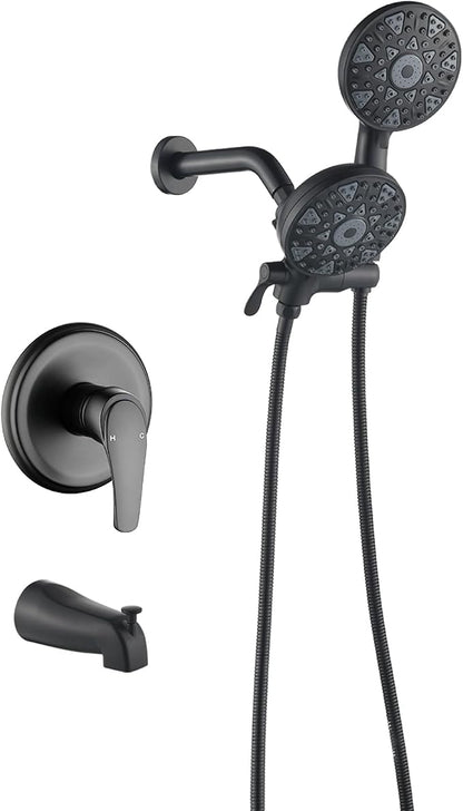 Tub and Shower Faucet Set Complete Dual Shower Head and Handheld 2 in 1 Combo Set Shower System with Tub Spout Tub and Shower Trim Kit Matte Black