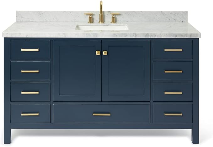 ARIEL Cambridge 60-inch Bathroom Vanity with Sink,Solid Wood, 1.5-inch Italian Carrara Marble Countertop, Single Rectangular Porcelain Sink, 2 Soft Closing Doors, 9 Dovetail Drawers, Midnight Blue