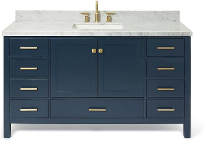 ARIEL Cambridge 60-inch Bathroom Vanity with Sink,Solid Wood, 1.5-inch Italian Carrara Marble Countertop, Single Rectangular Porcelain Sink, 2 Soft Closing Doors, 9 Dovetail Drawers, Midnight Blue