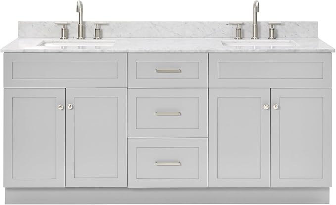 ARIEL Hamlet 72-inch Bathroom Vanity with Sink,Solid Wood, 0.75-inch Italian Carrara Marble Countertop & Backsplash, Double Oval Sink, 4 Soft Closing Doors, 3 Dovetail Drawers, Grey