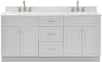 ARIEL Hamlet 72-inch Bathroom Vanity with Sink,Solid Wood, 0.75-inch Italian Carrara Marble Countertop & Backsplash, Double Oval Sink, 4 Soft Closing Doors, 3 Dovetail Drawers, Grey
