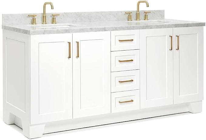 ARIEL 73" White Double Vanity, 1.5" Edge Italian Carrara Marble Countertop & Splash, Rectangular Sink, 4 Soft Closing Doors, 6 Full Extension Dovetail Drawers, Toe Kick, Satin Brass