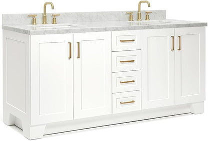 ARIEL 73" White Double Vanity, 1.5" Edge Italian Carrara Marble Countertop & Splash, Rectangular Sink, 4 Soft Closing Doors, 6 Full Extension Dovetail Drawers, Toe Kick, Satin Brass