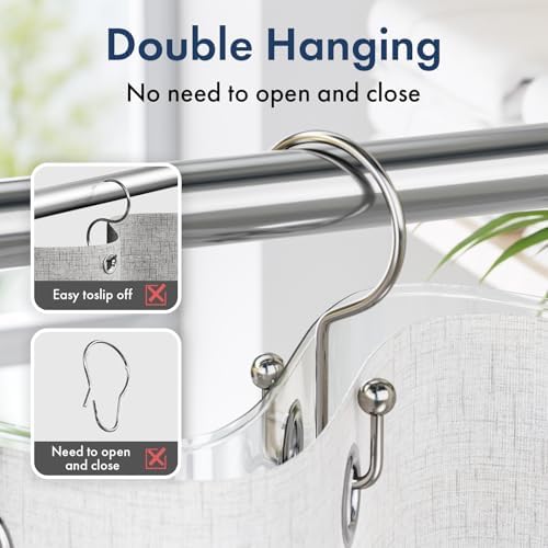 Bathway Shower Curtain Hooks Nickel Shower Curtain Rings, 12 Pcs Double Hook Shower Curtain Hooks Rings Shower Curtain Hangers Rust Proof, Metal Shower Hooks for Bathroom Shower Curtain Rod