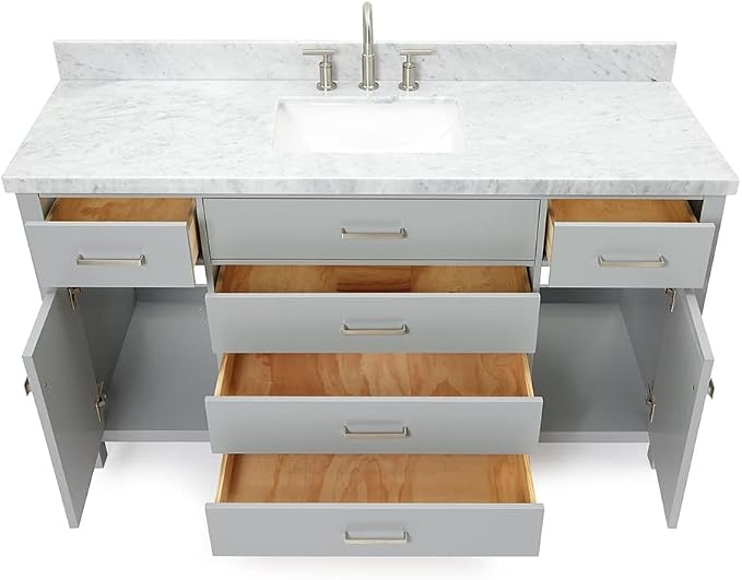 Alenza 60 Inch Bathroom Vanity Single Sink — Grey Bathroom Vanity with Sink, 1.5" Edge Italian Carrara Marble Countertop & Backsplash, 2 Soft-Close Doors, 5 Dovetail Drawers