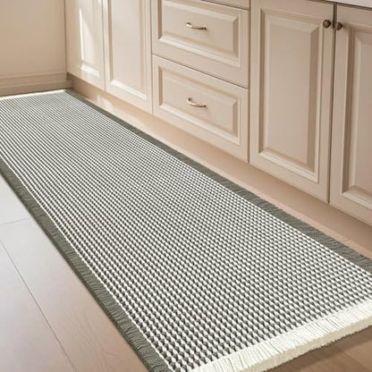 IM HOME Waffle Bath Mat Green & Cream 5'x2', Boho Woven Modern Bath Mat Rugs, Absorbent Non Slip Bathroom Rugs, Soft Washable Bath Rugs with Tassels for Bathroom, Bedroom, Kitchen, Shower, Tub