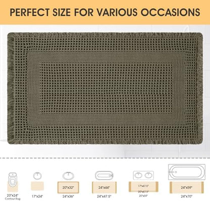 Upgrade Waffle Bath Mat, Greyish Green 32"x20", Boho Bathroom Rugs Absorbent Non Slip, Ultra Soft Bathroom Mat, Machine Washable Knit Bath Rugs with Tassels for Bathroom, Bedroom, Kitchen, Shower