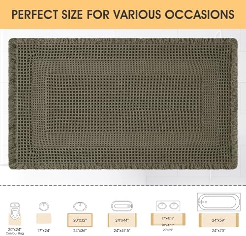 Upgrade Waffle Bath Mat, Greyish Green 36"x24", Boho Bathroom Rugs Absorbent Non Slip, Ultra Soft Bathroom Mat, Machine Washable Knit Bath Rugs with Tassels for Bathroom, Bedroom, Kitchen, Shower