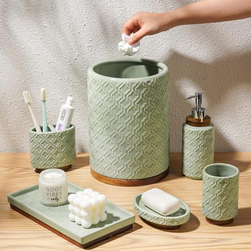 RQYIXI Ceramic Bathroom Accessories Set,Sage Green,6 Piece,Embossed Design
