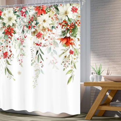 Christmas Red Floral White Xmars Poinsettias Bathroom Shower Curtain Set