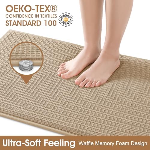 ACCUMTEK Memory Foam Bath Mat Set 3 Piece, Ultra Soft Absorbent Waffle Bathroom Rugs, Super Non-Slip PVC Backing Bath Rug Quick Dry, Machine Washable Rug for Tub, Shower, Home Decor Accessory, Beige