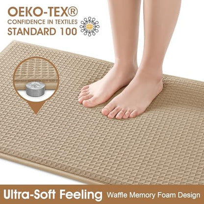 ACCUMTEK Memory Foam Bath Mat Set 3 Piece, Ultra Soft Absorbent Waffle Bathroom Rugs, Super Non-Slip PVC Backing Bath Rug Quick Dry, Machine Washable Rug for Tub, Shower, Home Decor Accessory, Beige