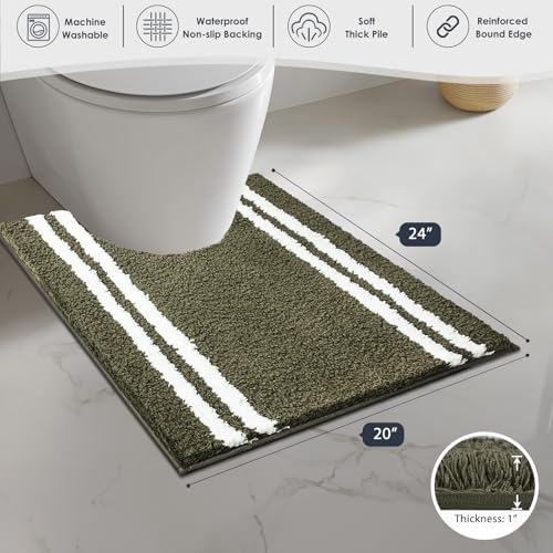 PURRUGS Bathroom Rug, Bath Mat, 20" x 24" U-Shaped, Olive Green