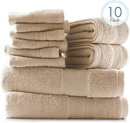 Hearth & Harbor Bath Towels for Bathroom - 100% Ring Spun Cotton Luxury Bathroom Towels - Ultra Soft & Highly Absorbent, Bath Towels Set of 10 - Beige Cream