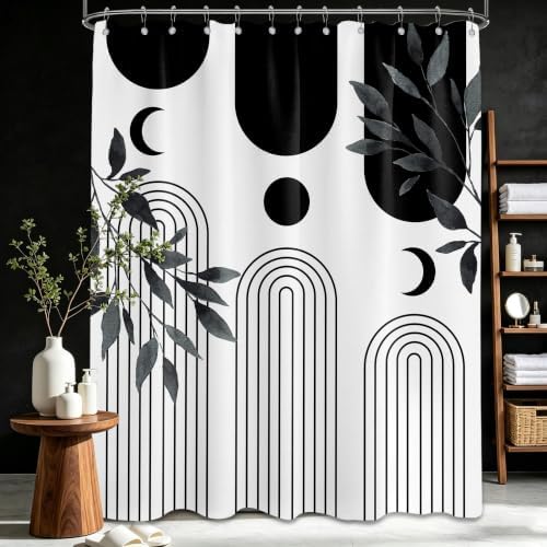 Mid Century Modern White and Black Shower Curtain Bohemian MCM Black and White Shower Curtains for Mens Bathroom Decor, Boho Minimalist Pattern, Waterproof Cloth Fabric with Hooks 70x96 in