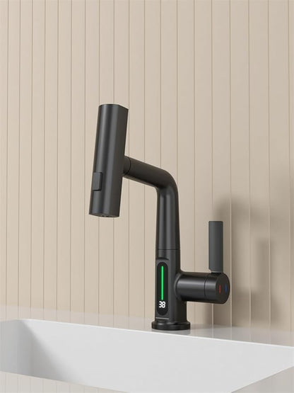 Bathroom Single Handle Basin Sink Pull Out Faucet with Rainfall Spray Head Temperature Digital Display Vanity Mixer Tap Matte Black
