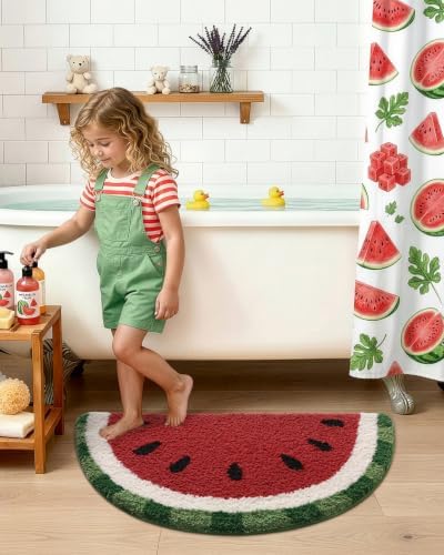 DEXI Cute Watermelon Bath Mat, Half Round Fruit Bathroom Rugs 36x20