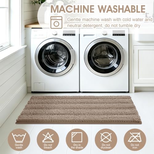 ACCUMTEK Striped Dark Beige Bathroom Rug Mat Set 2 piece 32"x20"+60"x20" Ultra Soft, Non Slip Chenille Bath Rugs, Absorbent Plush Shaggy Bath Mats for Bathroom, Bedroom, Kitchen, Shower, Tub,Taupe