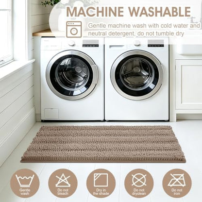 ACCUMTEK Striped Dark Beige Bathroom Rug Mat Set 2 piece 32"x20"+24"x17" Ultra Soft, Non Slip Chenille Bath Rugs, Absorbent Plush Shaggy Bath Mats for Bathroom, Bedroom, Kitchen, Shower, Tub,Taupe