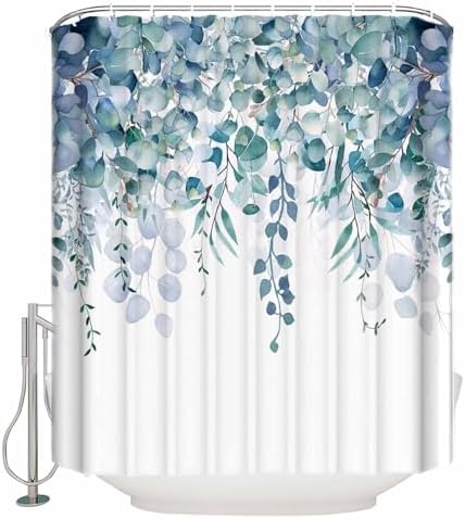 Shower Curtain Bathroom Set Country Eucalyptus Leaves Waterproof Shower Curtains with Grommets Hooks Watercolor Teal Green Leaf Privacy Bath Curtain for Bathtub Decor 72x72in
