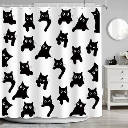 APROPHIC Cute Cat Shower Curtain 72x72 Inches, Funny Black Kitten Pattern Waterproof Polyester Bathroom Decor for Bathtub, Machine Washable Privacy Curtain for Bathroom, Bedroom with 12 Hooks