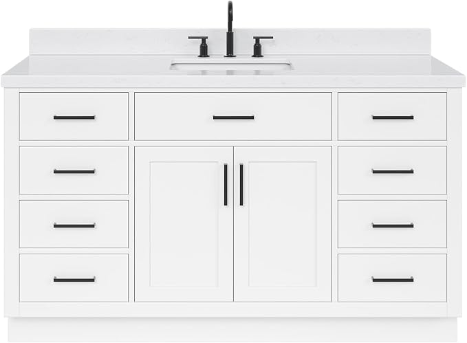 ARIEL Hepburn 60-inch Bathroom Vanity with Sink,Solid Wood, 1.5-inch Carrara White Quartz Countertop & Backsplash, Single Rectangular Porcelain Sink, 2 Soft Closing Doors, 9 Dovetail Drawers, White