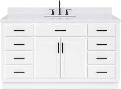 ARIEL Hepburn 60-inch Bathroom Vanity with Sink,Solid Wood, 1.5-inch Carrara White Quartz Countertop & Backsplash, Single Rectangular Porcelain Sink, 2 Soft Closing Doors, 9 Dovetail Drawers, White