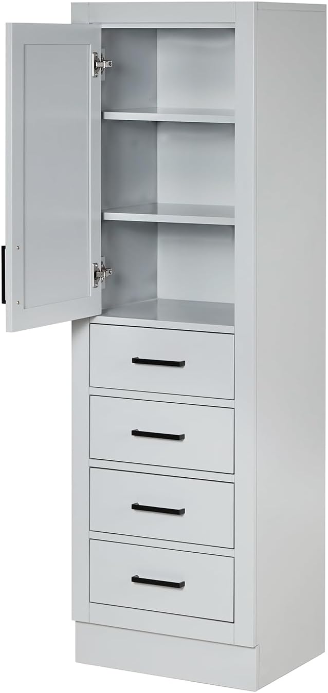 ARIEL Hepburn Bathroom Storage Cabinet - Solid Hevea Wood and Fully Assembled for Long-Lasting Durability and Sophisticated Finish, Freestanding Linen Bathroom Cabinet - 65”H x 20”W x 16”D, Grey