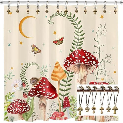 Mushroom Shower Curtain Hooks, 12Pcs Rustproof Metal Cute Retro Mushroom Shower Curtain Hooks Rings for Boho Fairy Forest Country Cottagecore Style Home Bathroom Decor (Set-Bronze)