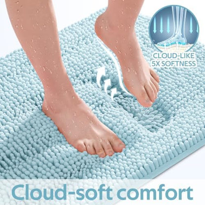 Striped Spa Blue Bathroom Rug Set 3 Pieces Ultra Soft, Non Slip Chenille Bath Carpet, Absorbent Plush Shaggy Bath Mats for Bathroom, Toilet, Bedroom, Kitchen