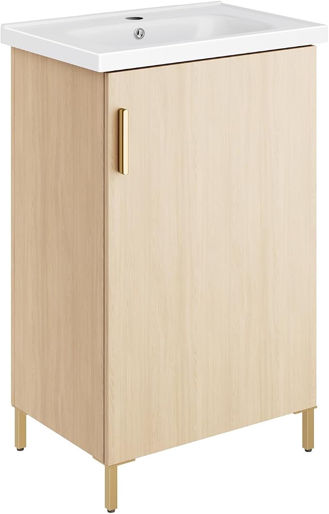 20 Inch Oak Pre-Assembled Small Bathroom Vanity Freestanding Cabinet with Ceramic Sink, Soft-Close Door, Space-Saving Design, No Faucet,BV05-20-OAK-JH