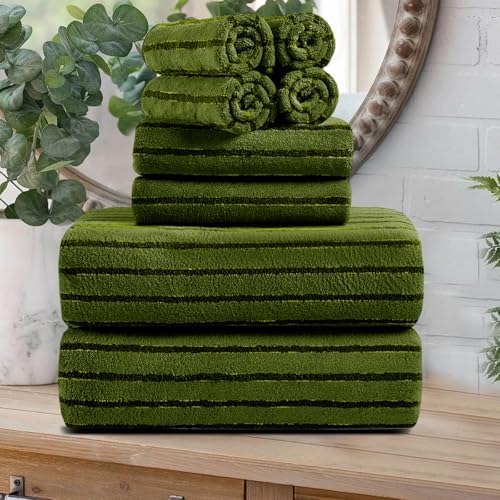 8 Pcs Dark Green Cabana Stripe Large Bath Towel Set Oversized Bath Sheet-2 Bath Towels,2 Hand Towels,4 Washcloths Soft Jumbo Towels Absorbent Shower Towel Beach Chair Towels Spa Gym Hotel Towel