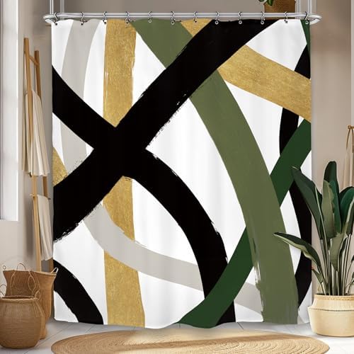 Abstract Modern Line Shower Curtain 60Wx72L Inch Black Army Green Minimalist Contemporary Art Neutral Simple Bathroom Set Accessories Decor with 12 Pack Hooks