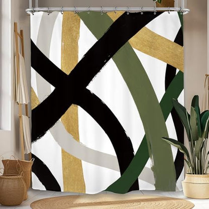 Abstract Modern Line Shower Curtain 60Wx72L Inch Black Army Green Minimalist Contemporary Art Neutral Simple Bathroom Set Accessories Decor with 12 Pack Hooks