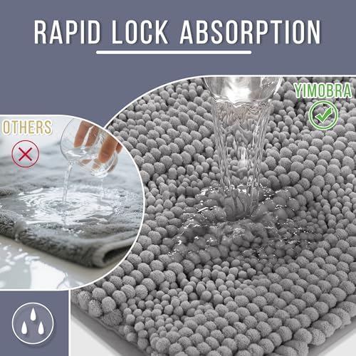Yimobra Bathroom Rug Mat 32 x 20, Non Slip and Super Absorbent Bath Mat,Machine Washable Quick Dry,Ultra Plush Chenille Shower Rugs for Bathroom Floor Sink Tub and Shower Outside,Gray