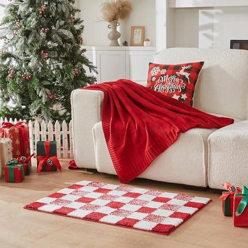 CozeCube Christmas Red Checkered Bath Mat 24"x16" Non Slip Washable Rug