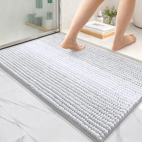 OLANLY Bathroom Rugs 36x24, Soft Chenille Striped Bath Rugs, Light Grey