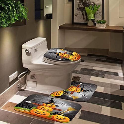 NBVKO Halloween Pumpkin Waterproof Curtain,with Non-Slip Rugs,Toilet Lid Cover and Bath Mat,Bathroom Shower Decor Accessory Set