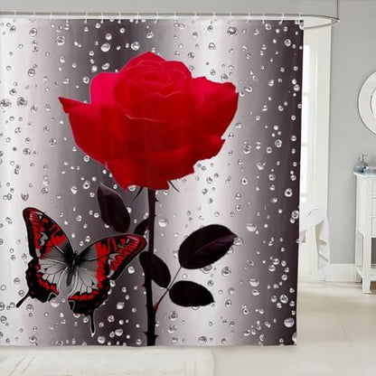 Feelyou Red Rose Butterflies Polyester Fabric Shower Curtain Sets with Hooks,Modern Bathroom Home Decor, Waterproof 72"x72"
