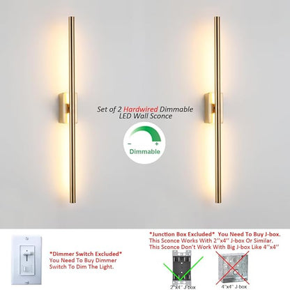 Only Suitable for Small Junction Box Set of 2 Hardwired 32 Inch Long Gold Wall Sconce Indoor Waterproof Linear Mirror Vanity Wall Light for Bathroom Bedroom Living Room (2 Pack, 32'', Gold, Dimmable)